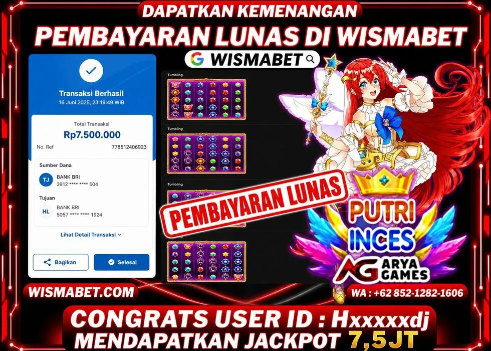 BUKTI KEMENANGAN Putri Inces Aryagames Rp7,500,000,- LUNAS